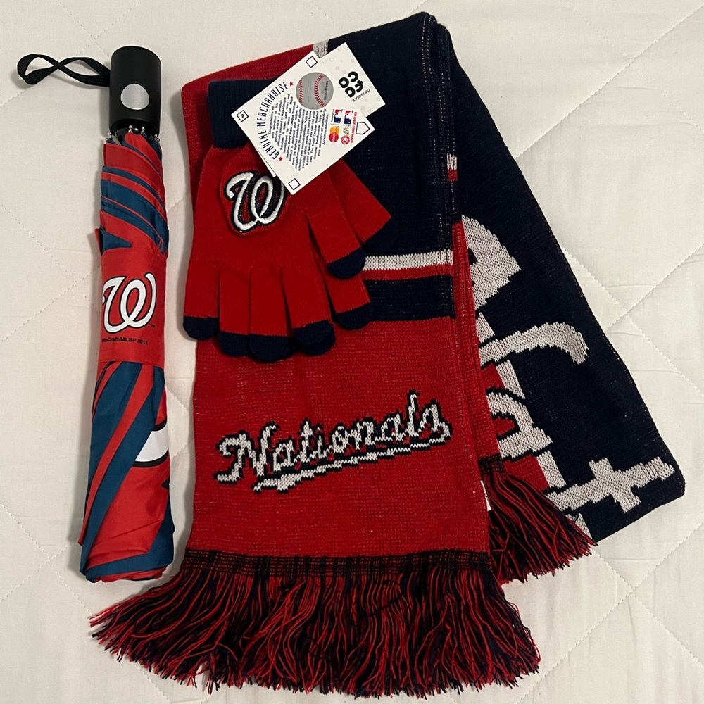 Washington Nationals scarf, gloves, & umbrella.